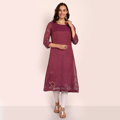 Wine Tissue Hand Embroidered Kurta with Beadwork