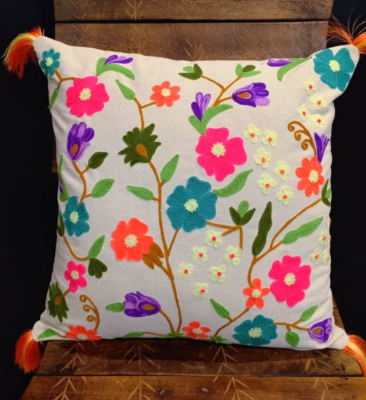 White Cotton Cushion with Floral Hand Embroidery -16"