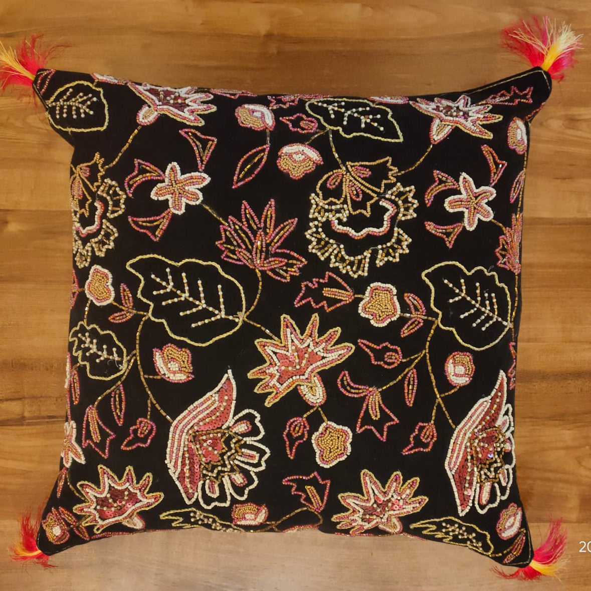 Black Velvet Cushion with Floral Hand / Bead Embroidery -16"