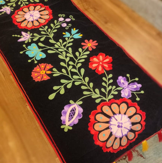 Black Velvet Table Runner with Floral Hand Kashmiri Embroidery -16"