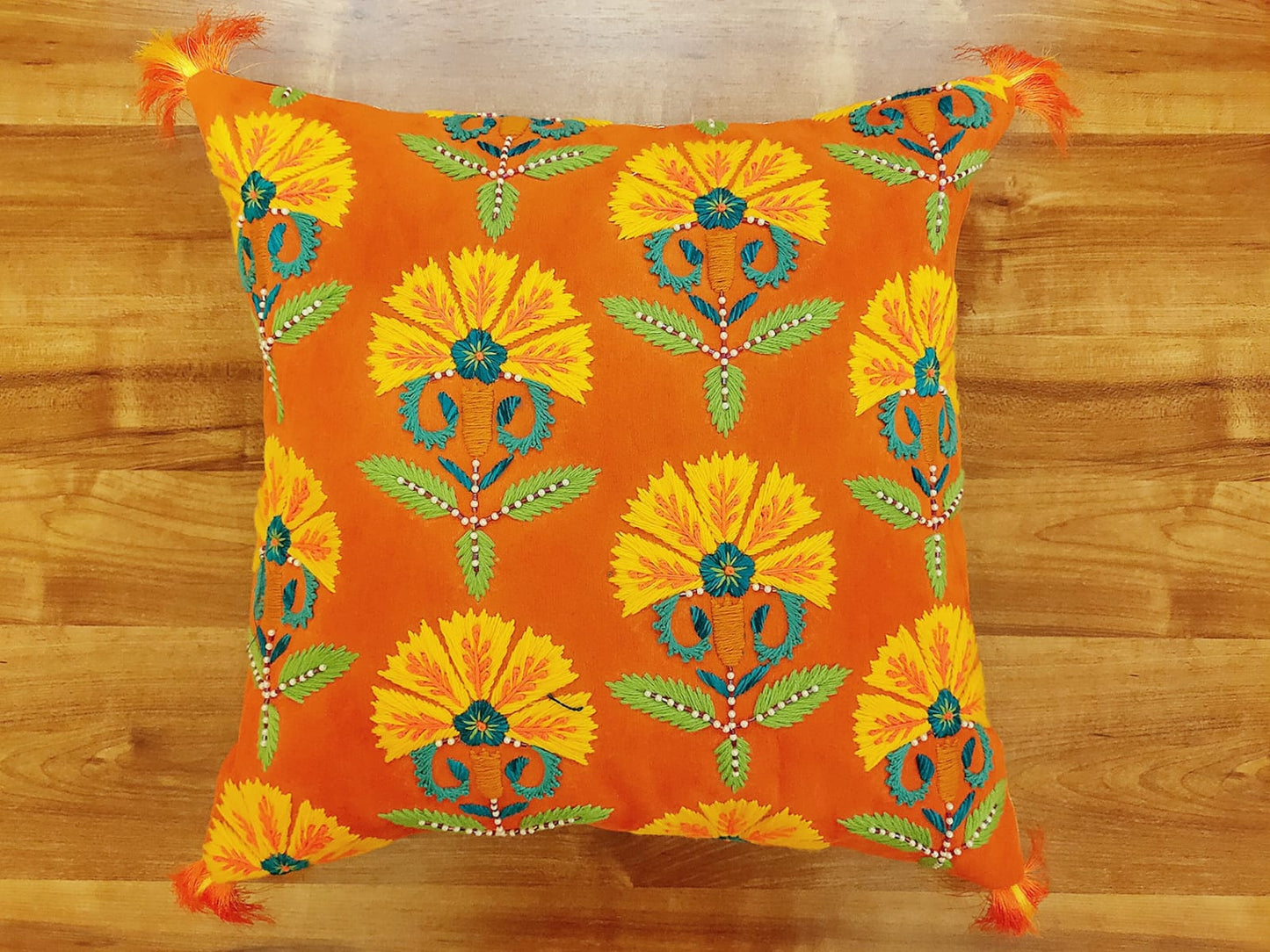 Orange Cushion with Floral Hand Embroidery-16"