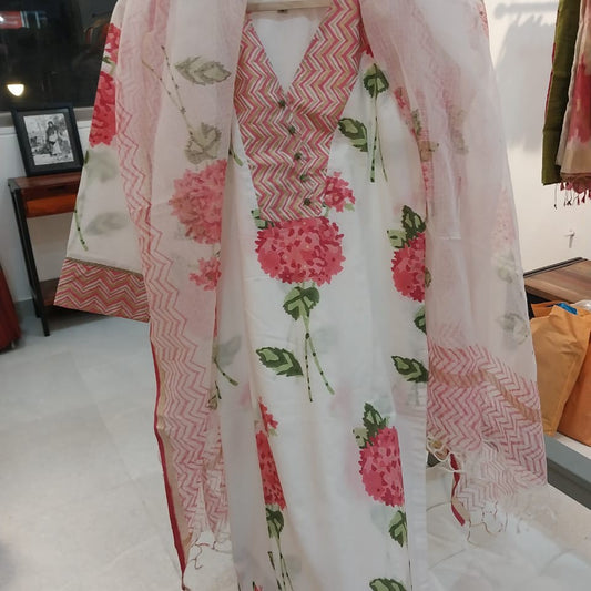 Hand Block Printed Pink Hydrangea Kurta Dupatta Set with Yoke (Separates Available)