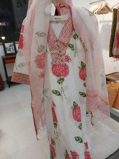 Hand Block Printed Pink Hydrangea Kurta Dupatta Set with Yoke (Separates Available)