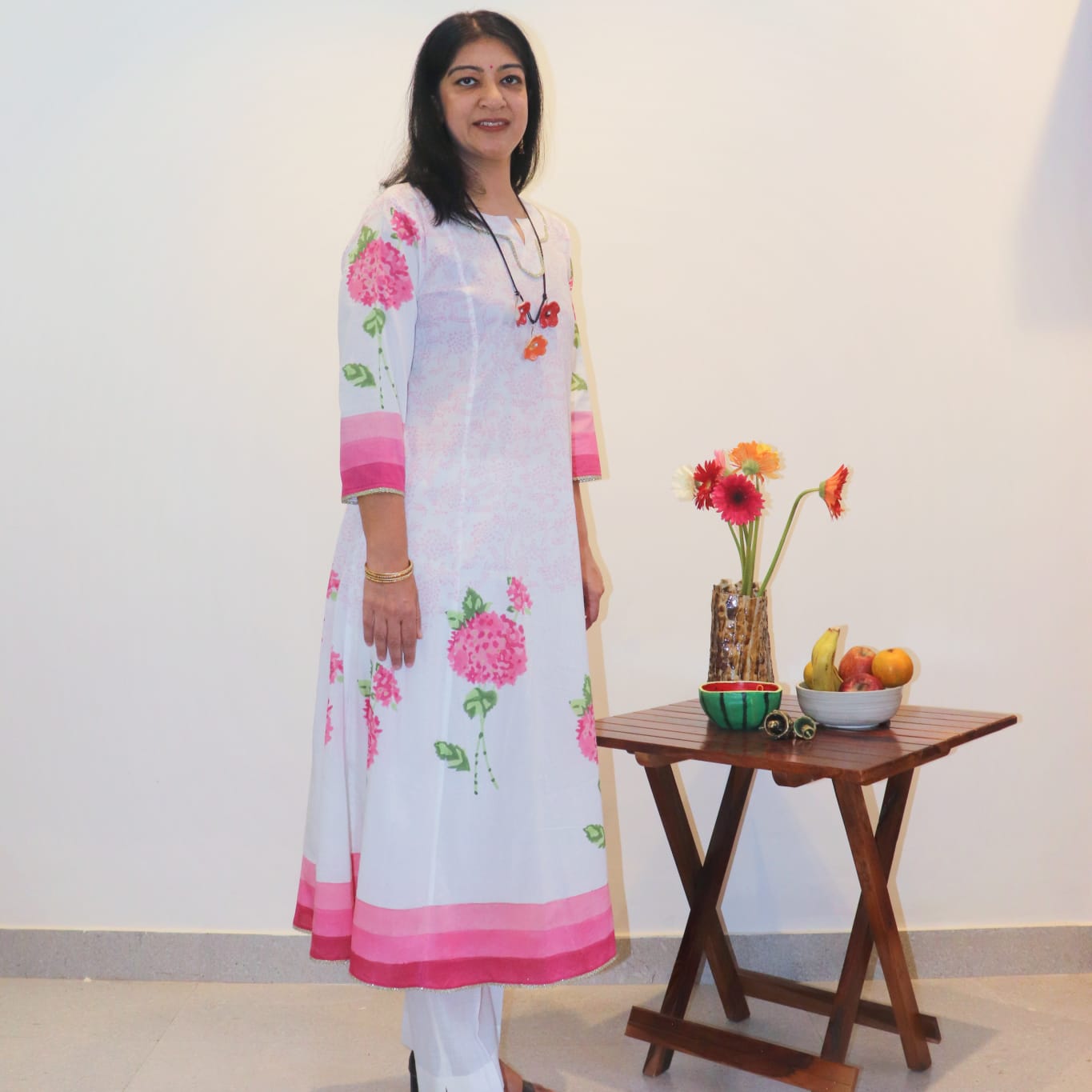 Hand Block Printed Pink Hydrangea 3 Piece Kalidar Kurta Set(Separates Available)