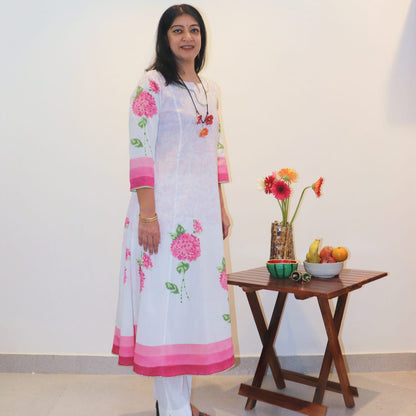 Hand Block Printed Pink Hydrangea 3 Piece Kalidar Kurta Set(Separates Available)