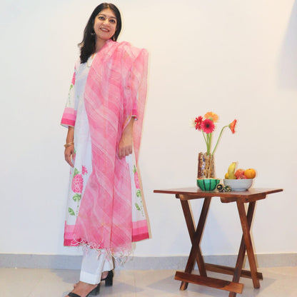 Hand Block Printed Pink Hydrangea 3 Piece Kalidar Kurta Set(Separates Available)