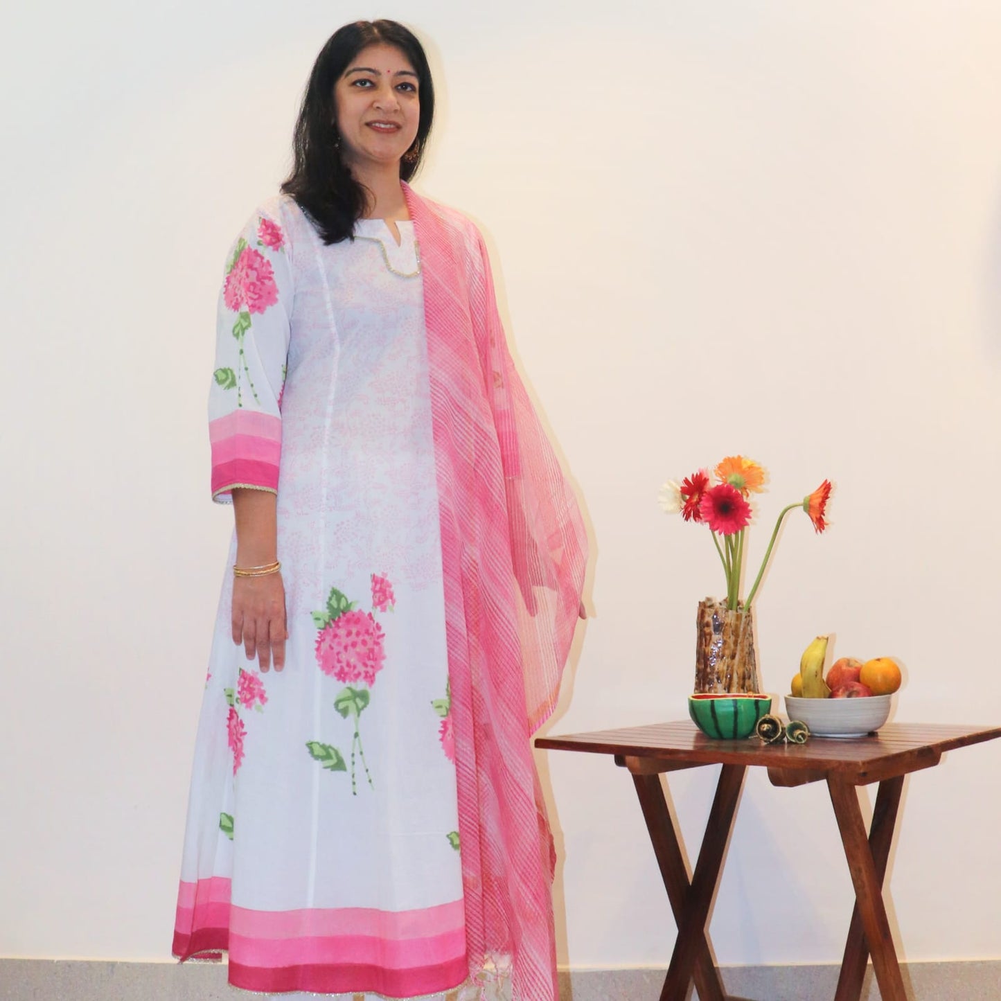 Hand Block Printed Pink Hydrangea 3 Piece Kalidar Kurta Set(Separates Available)