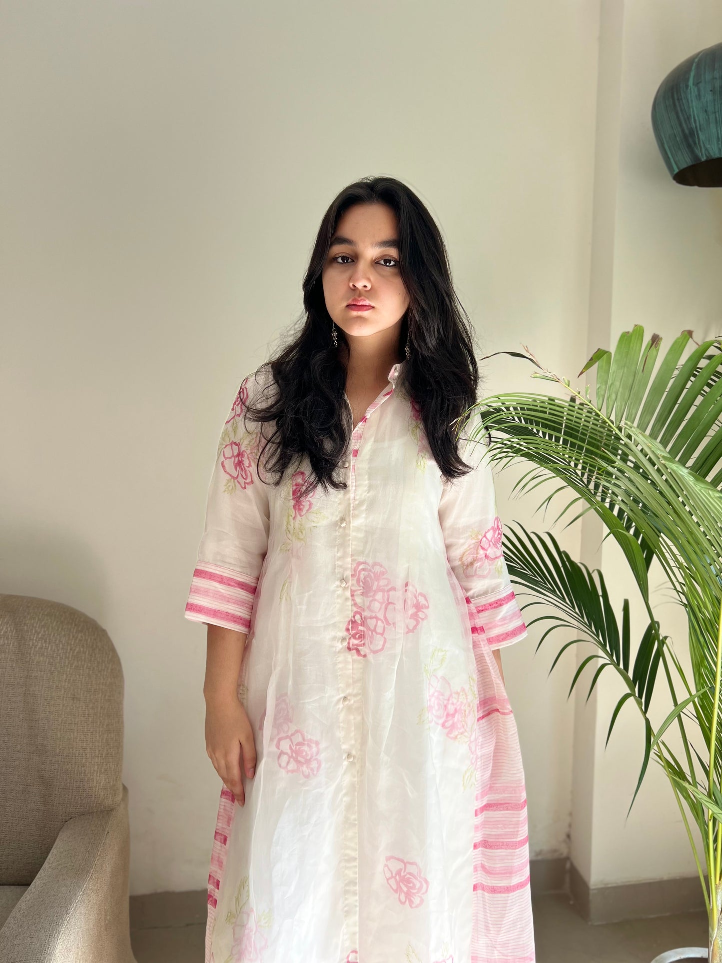 Pure Silk Organza Hand Block Printed Kurta with PanT