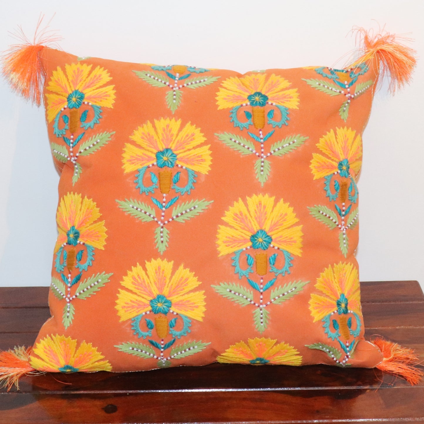 Orange Cushion with Floral Hand Embroidery-16"