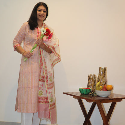 Hand Block Printed Red Striped Kurta / Chanderi Dupatta Set