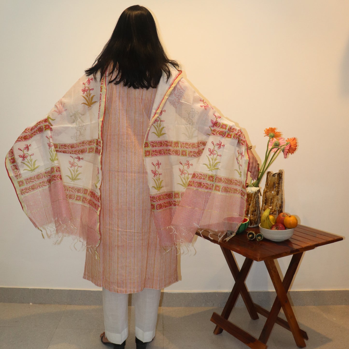 Hand Block Printed Red Striped Kurta / Chanderi Dupatta Set