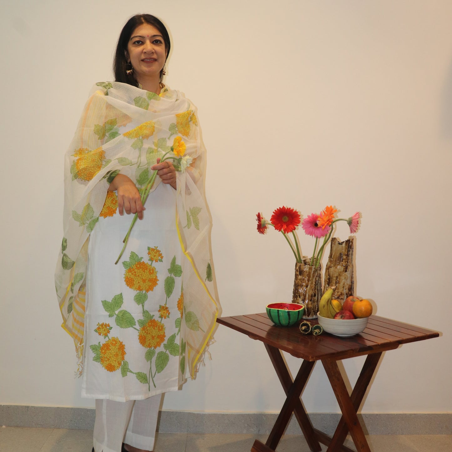 Hand Block Printed Yellow Hydrangea Kurta / Dupatta Set