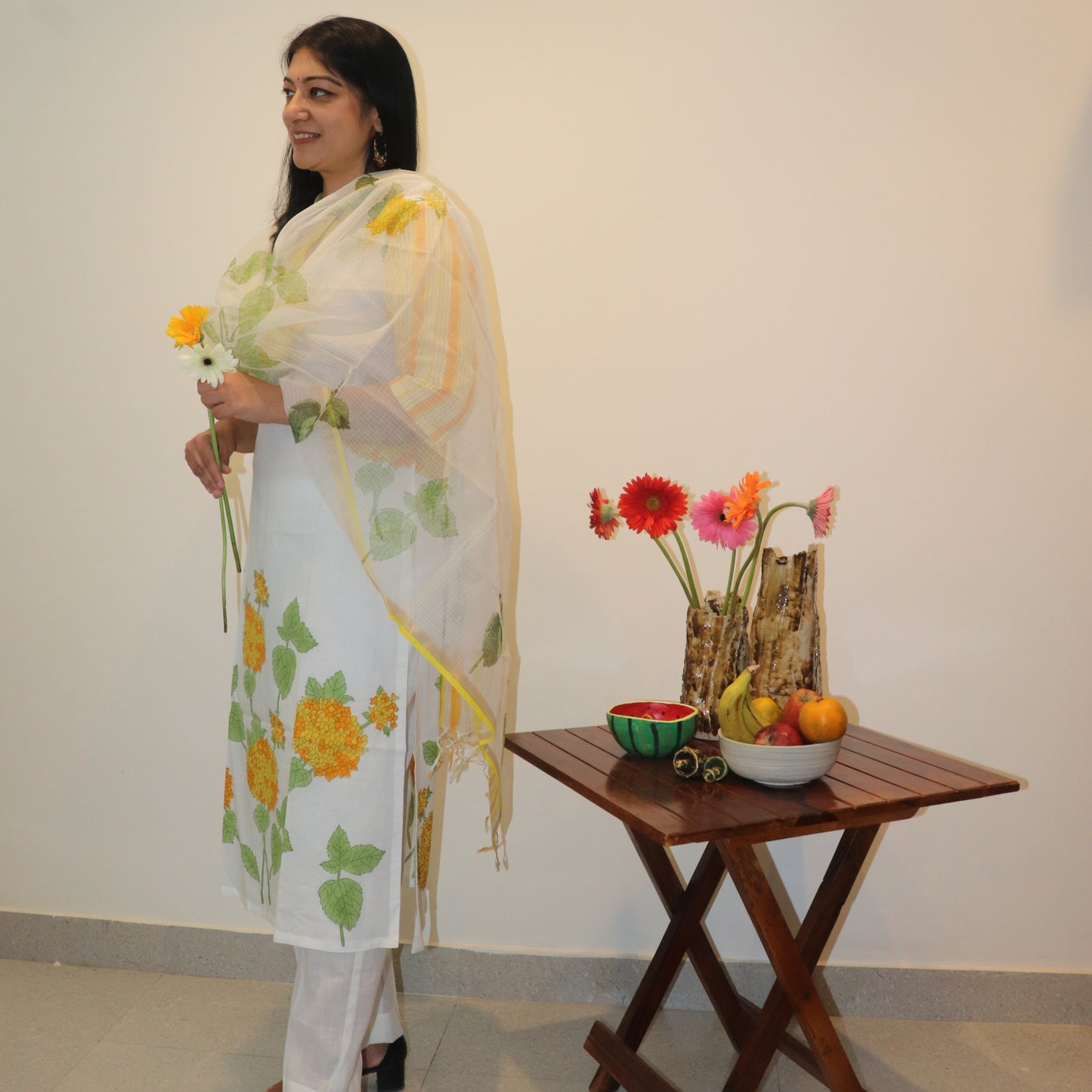 Hand Block Printed Yellow Hydrangea Kurta / Dupatta Set