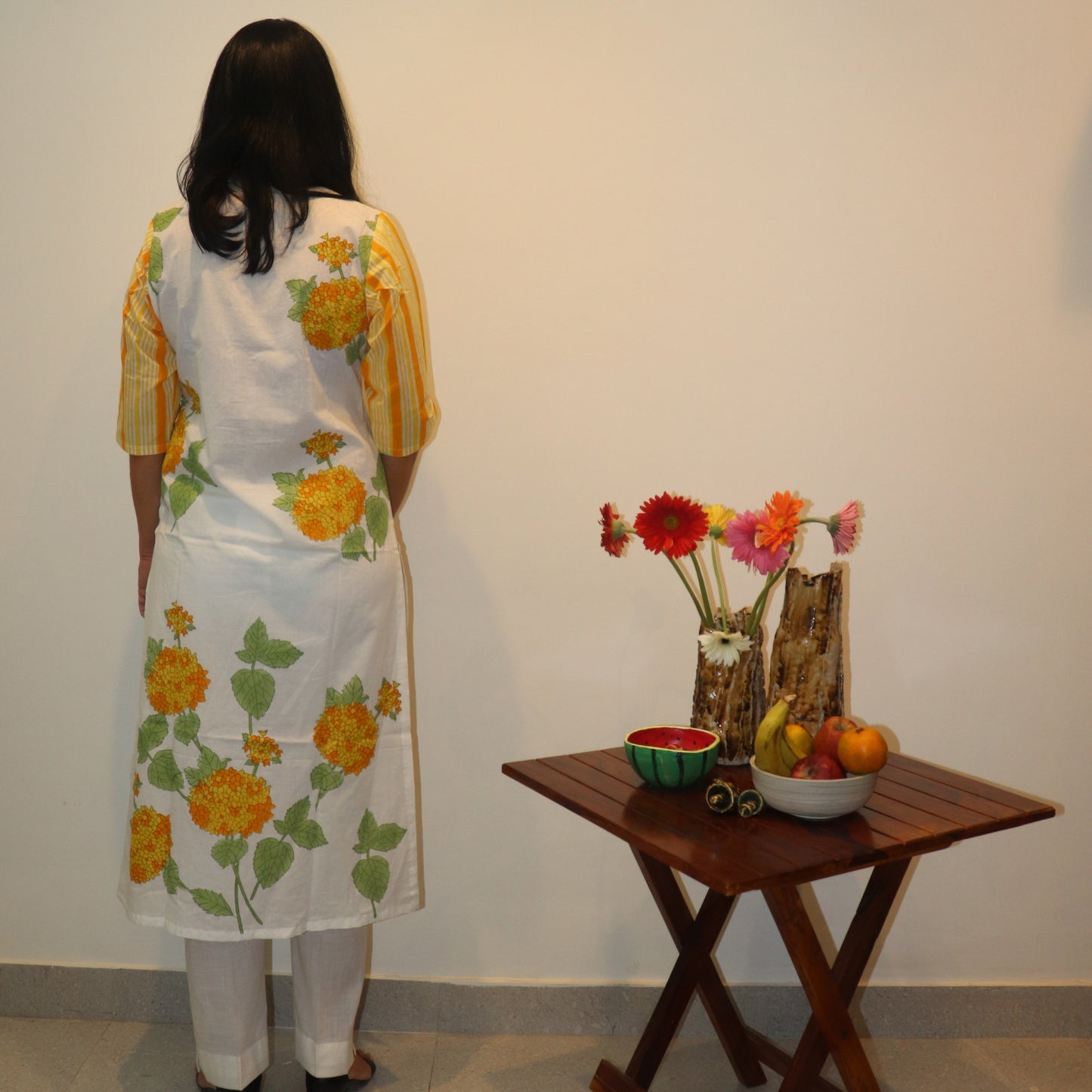 Hand Block Printed Yellow Hydrangea Kurta / Dupatta Set