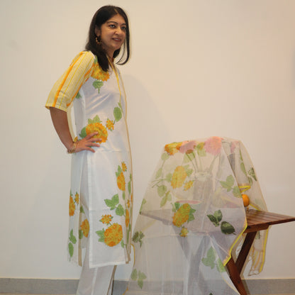 Hand Block Printed Yellow Hydrangea Kurta / Dupatta Set