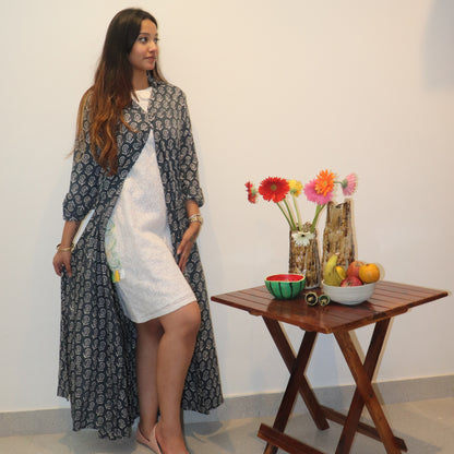 Grey Block Printed Long Duster/Shrug