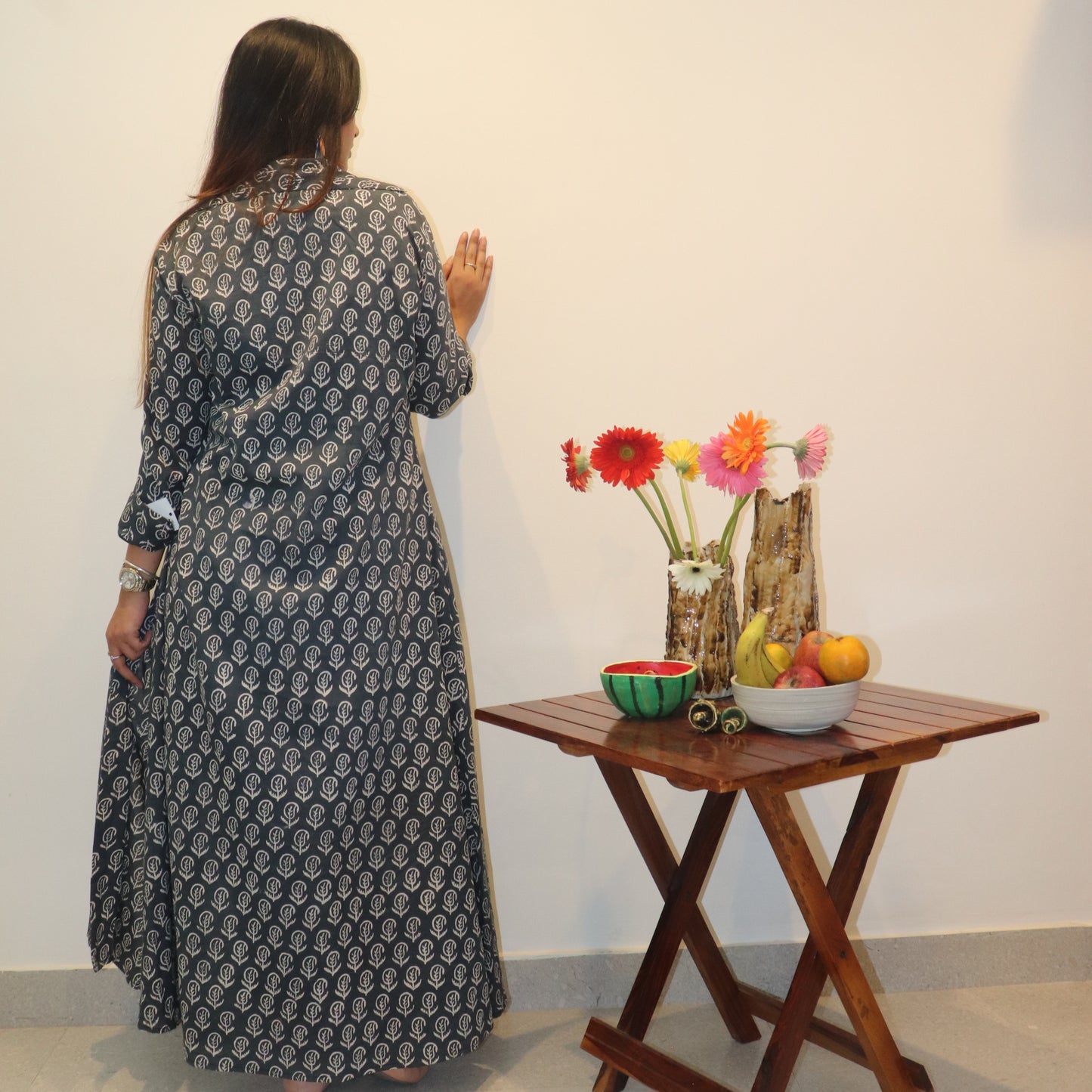 Grey Block Printed Long Duster/Shrug