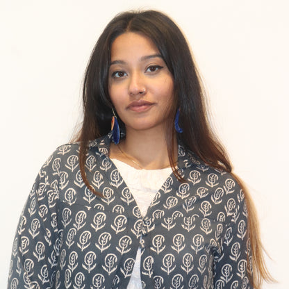 Grey Block Printed Long Duster/Shrug