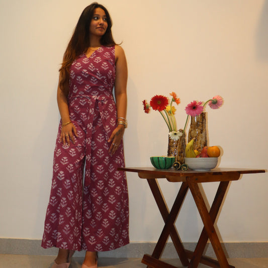 Hand Block Printed Plum Jump Suit