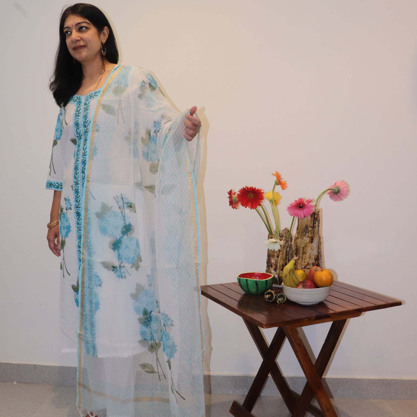 Hand Block Printed Blue Hydrangea Kurta / Dupatta Set