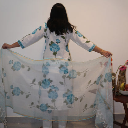 Hand Block Printed Blue Hydrangea Kurta / Dupatta Set