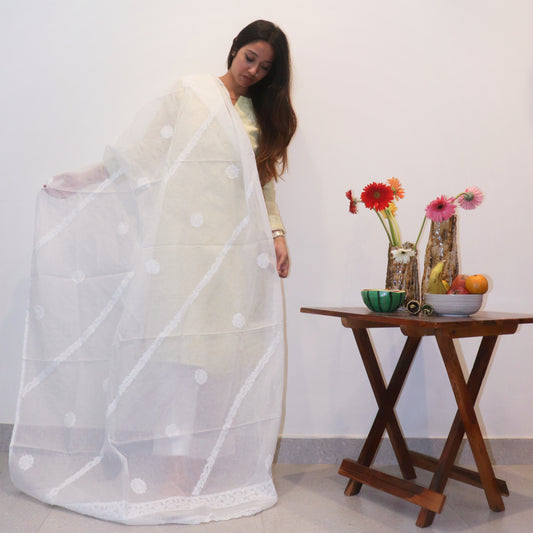 Pure Cotton Kota Doria Chikankari Dupatta