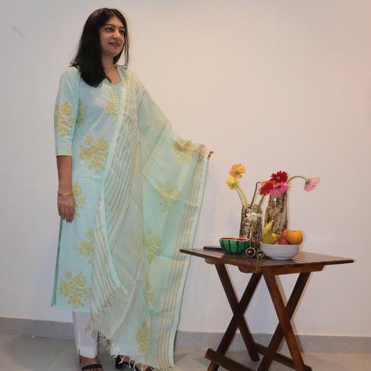 Hand Block Printed Sea Green Kurta / Linen Dupatta Set