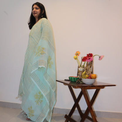 Hand Block Printed Sea Green Kurta / Linen Dupatta Set