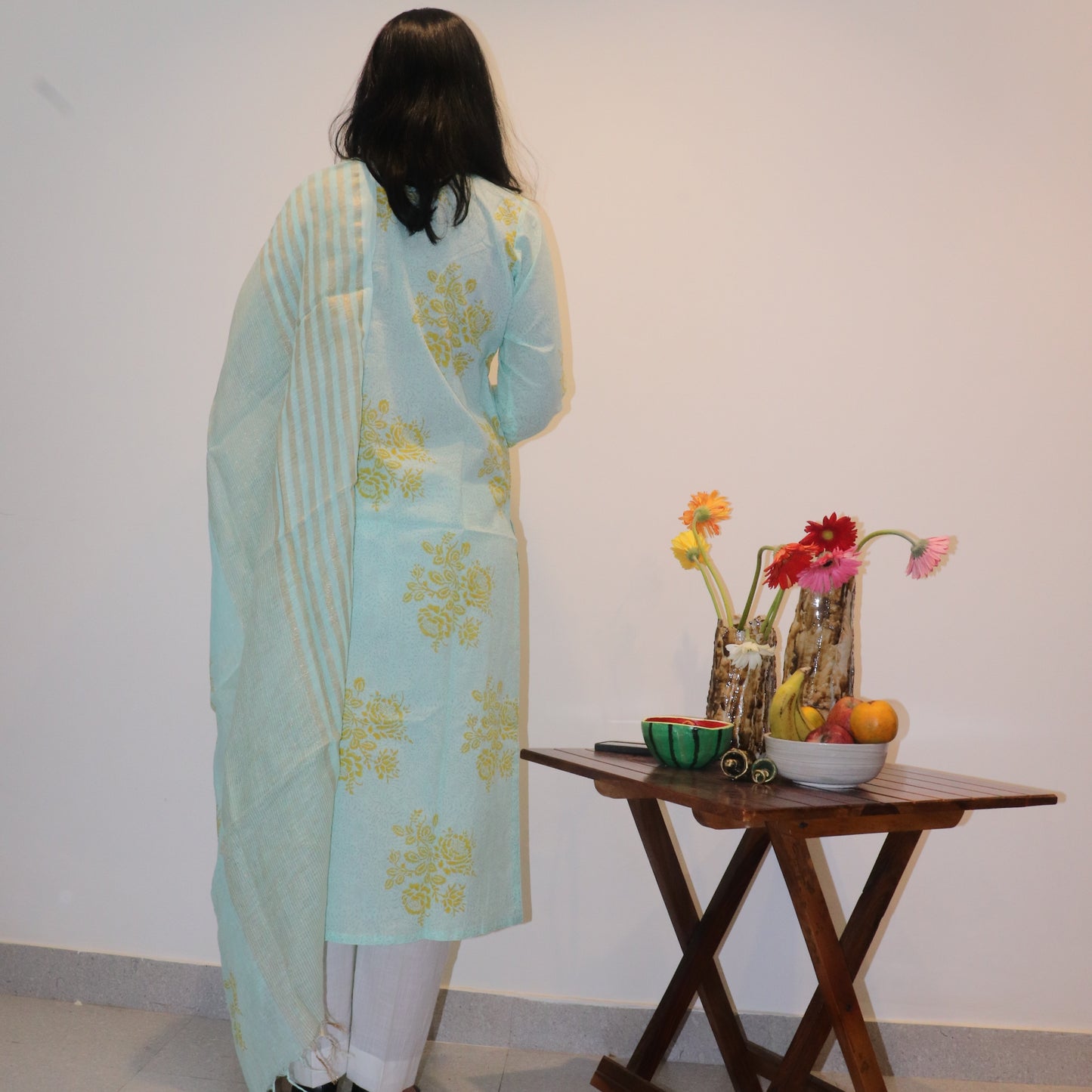 Hand Block Printed Sea Green Kurta / Linen Dupatta Set