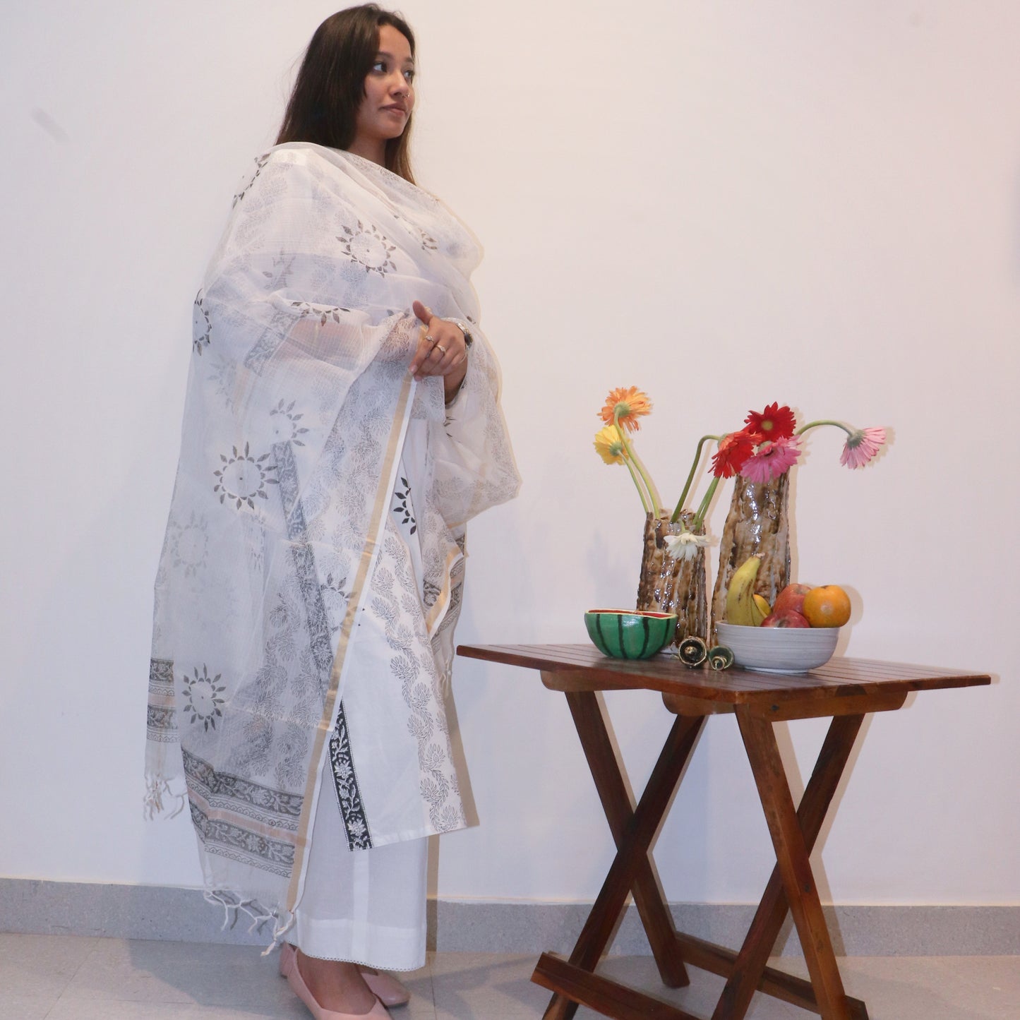 Hand Block Printed Black on White Kurta / Dupatta Set