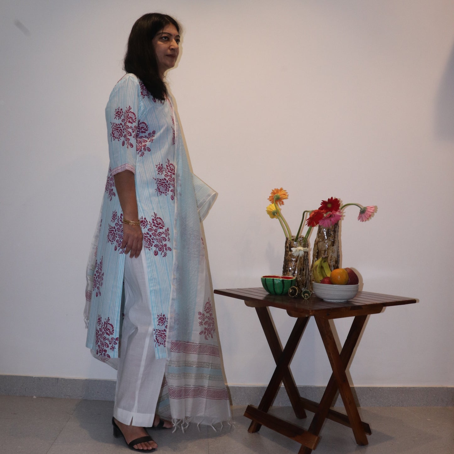 Hand Block Printed Striped Kurta / Chanderi Dupatta Set