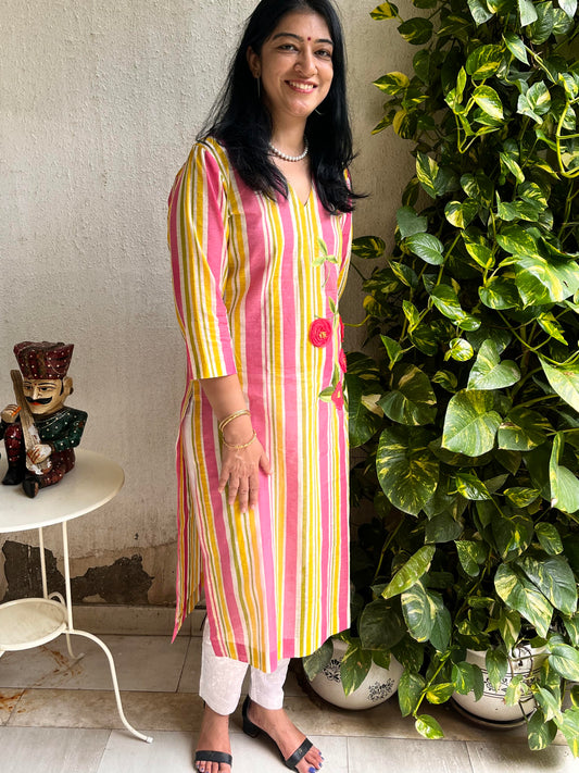 Cotton Organza Printed Kurta with Embroidery