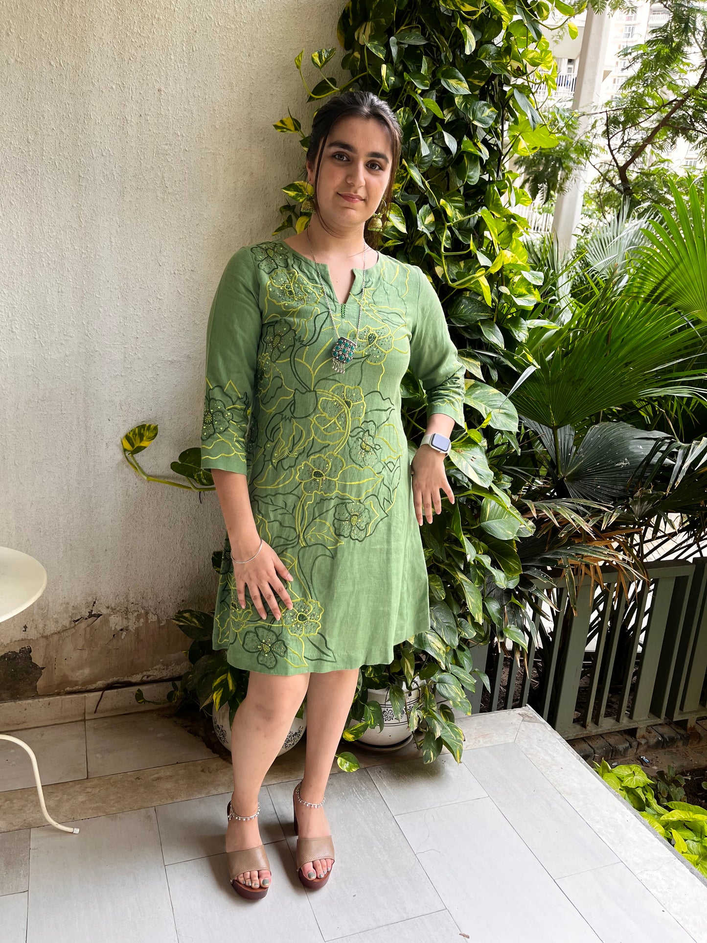 Sage Green Linen Embroidered Dress